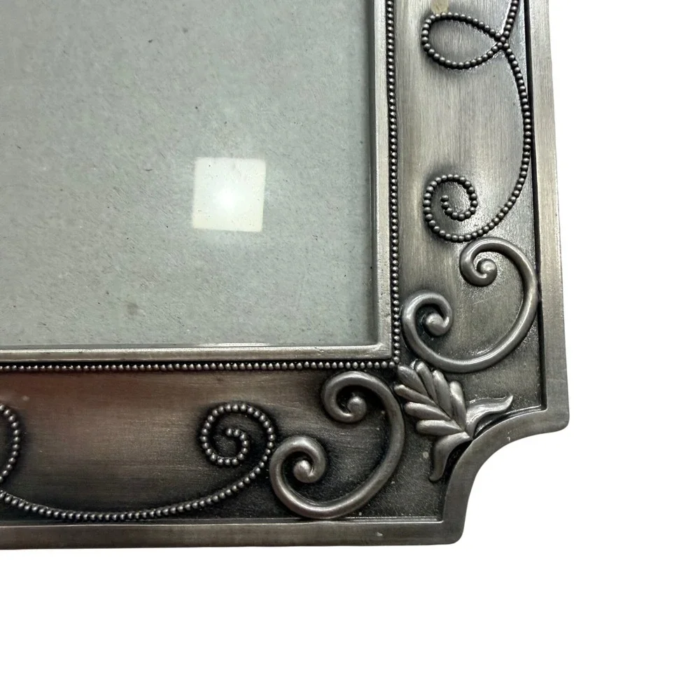 Vintage Pewter Silver Metal 5x7 Picture Frame Embossed Scroll Bead Ornate Design